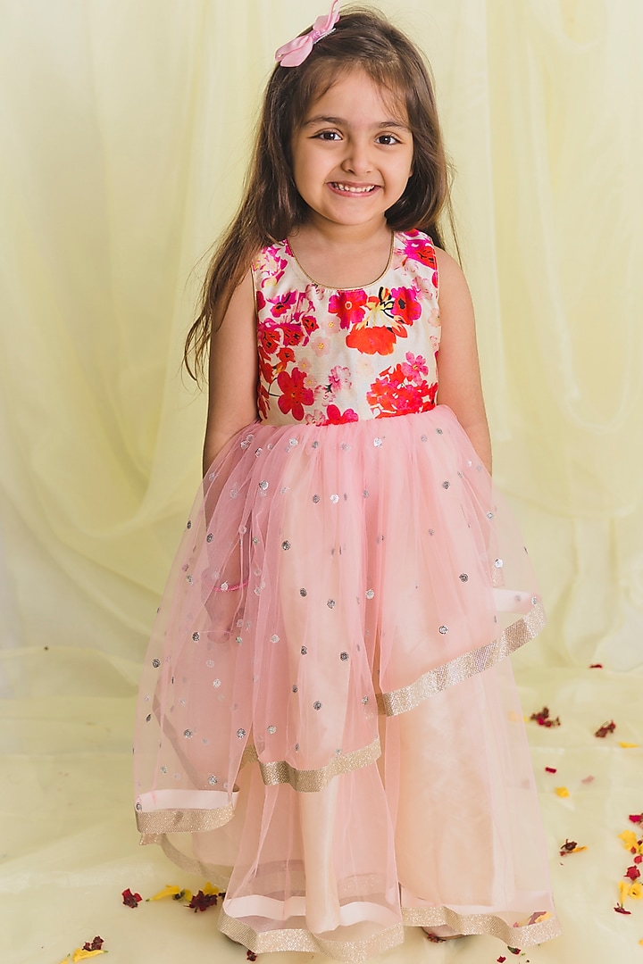 Baby Pink Floral Printed Gown For Girls by Saka Designs at Pernia's Pop Up Shop