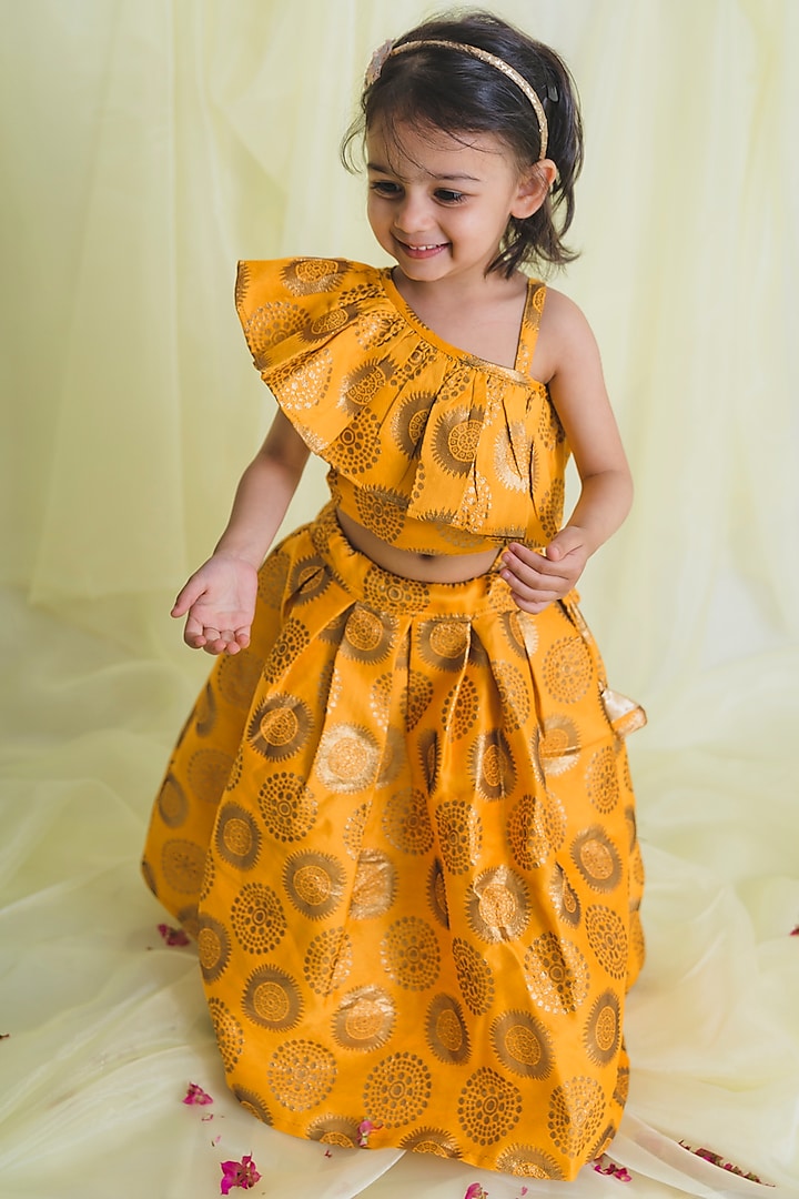 Mustard Jacquard Silk Lehenga Set For Girls by Saka Designs