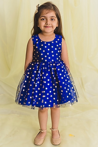 Royal Blue Printed Frock For Girls by Saka Designs