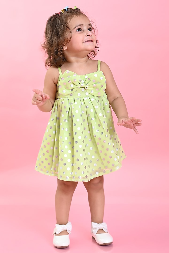Pastel Green Poly Georgette Printed Dress For Girls by Saka Designs