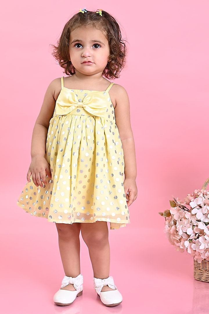 Yellow Poly Georgette Printed Dress For Girls by Saka Designs