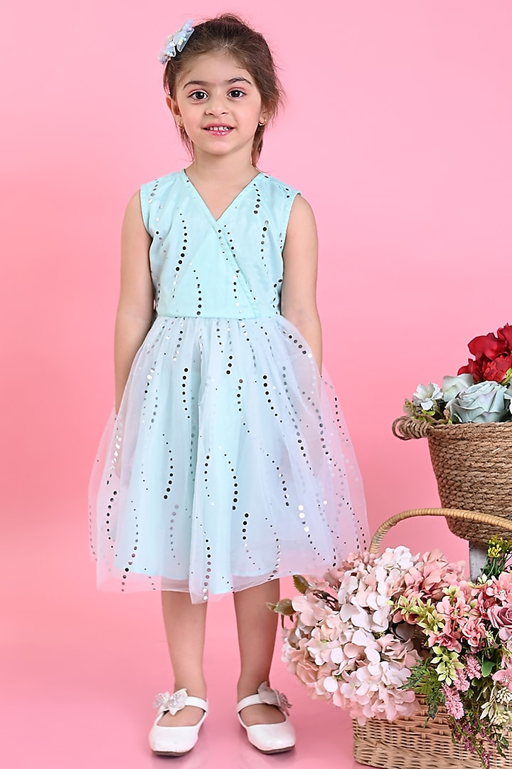 Pastel Blue Net Printed Dress For Girls by Saka Designs