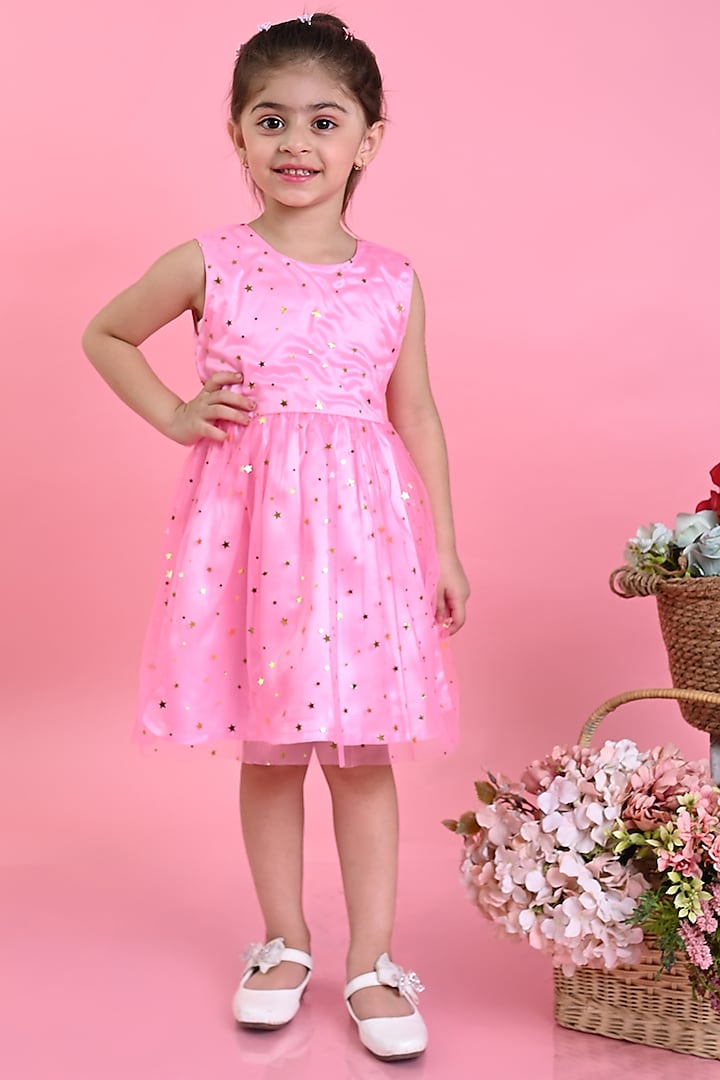 Pink Net Printed Dress For Girls by Saka Designs