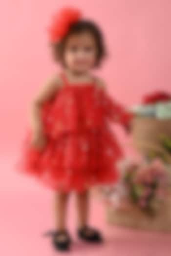 Red Shimmer Net Printed Layered Dress For Girls by Saka Designs