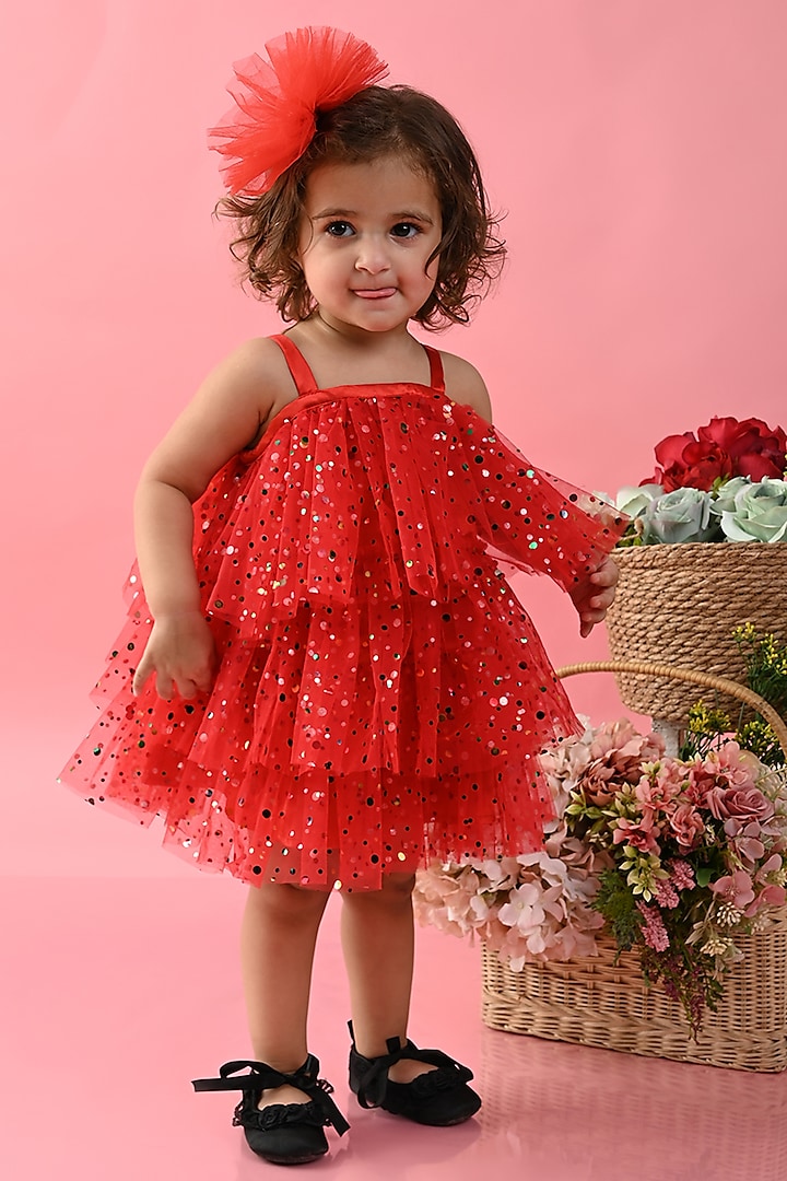 Red Shimmer Net Printed Layered Dress For Girls by Saka Designs