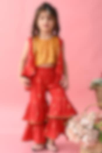 Red Poly Georgette Floral Printed & Embroidered Sharara Set For Girls by Saka Designs
