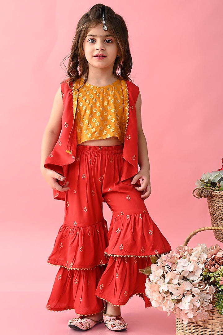 Red Poly Georgette Floral Printed & Embroidered Sharara Set For Girls by Saka Designs