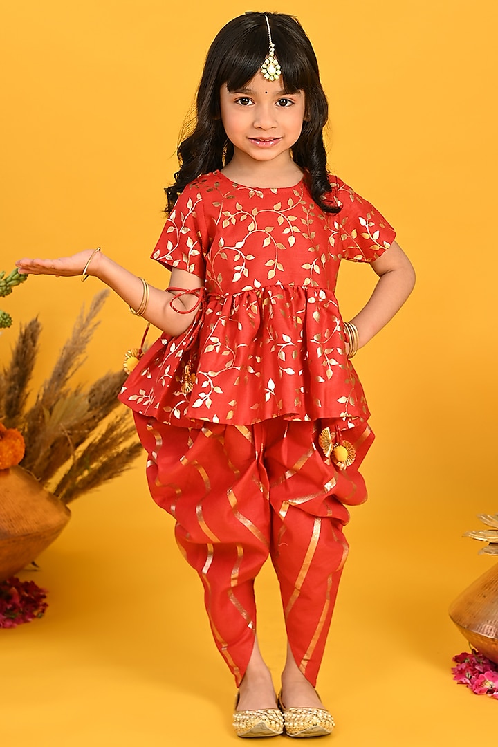 Red & Gold Cotton Blend Embroidered Dhoti Set For Girls by Saka Designs