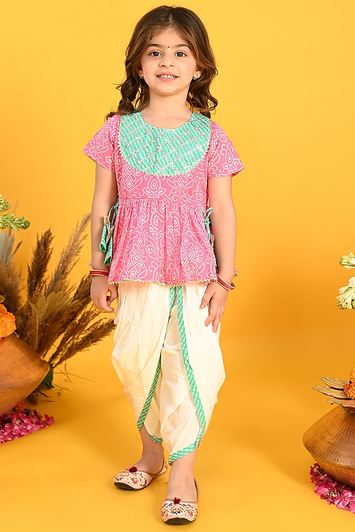 Yellow Cotton Bandhani Printed & Embroidered Dhoti Set For Girls by Saka Designs