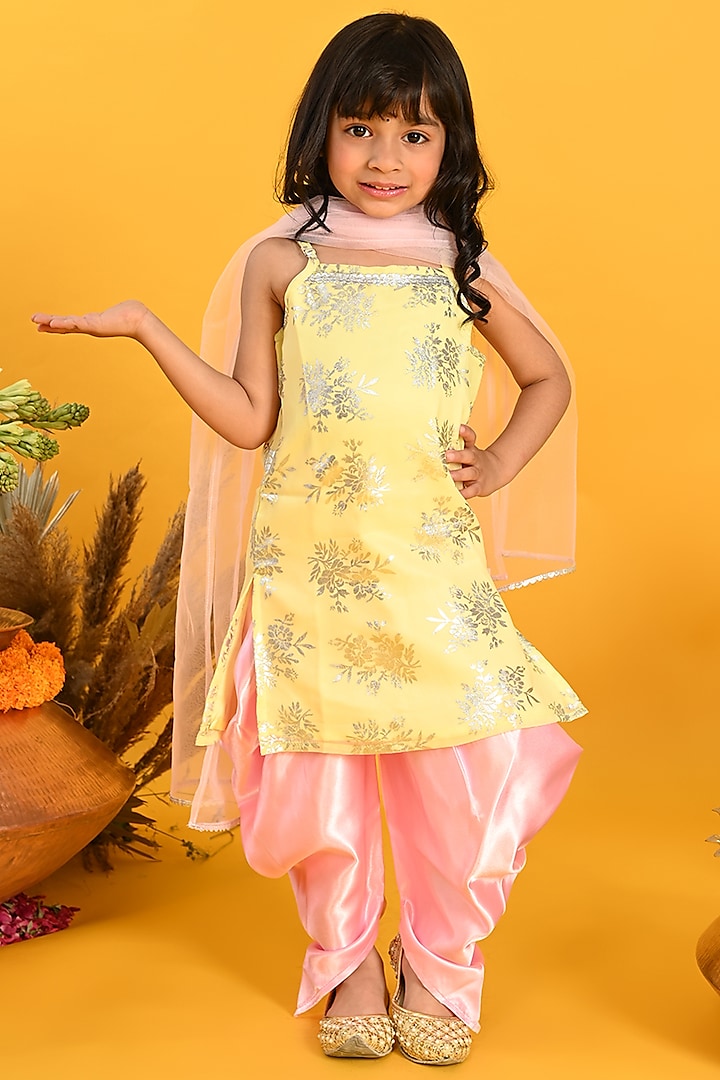 Yellow Poly Georgette Printed & Embroidered Kurta Set For Girls by Saka Designs