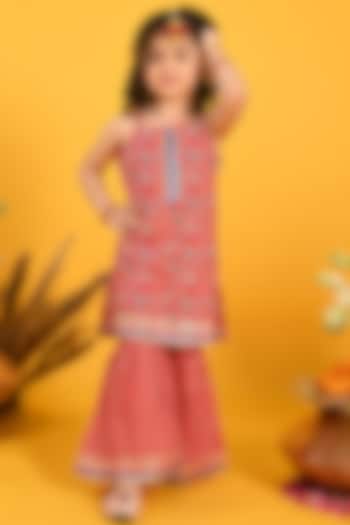 Red Cotton Printed & Embroidered Sharara Set For Girls by Saka Designs