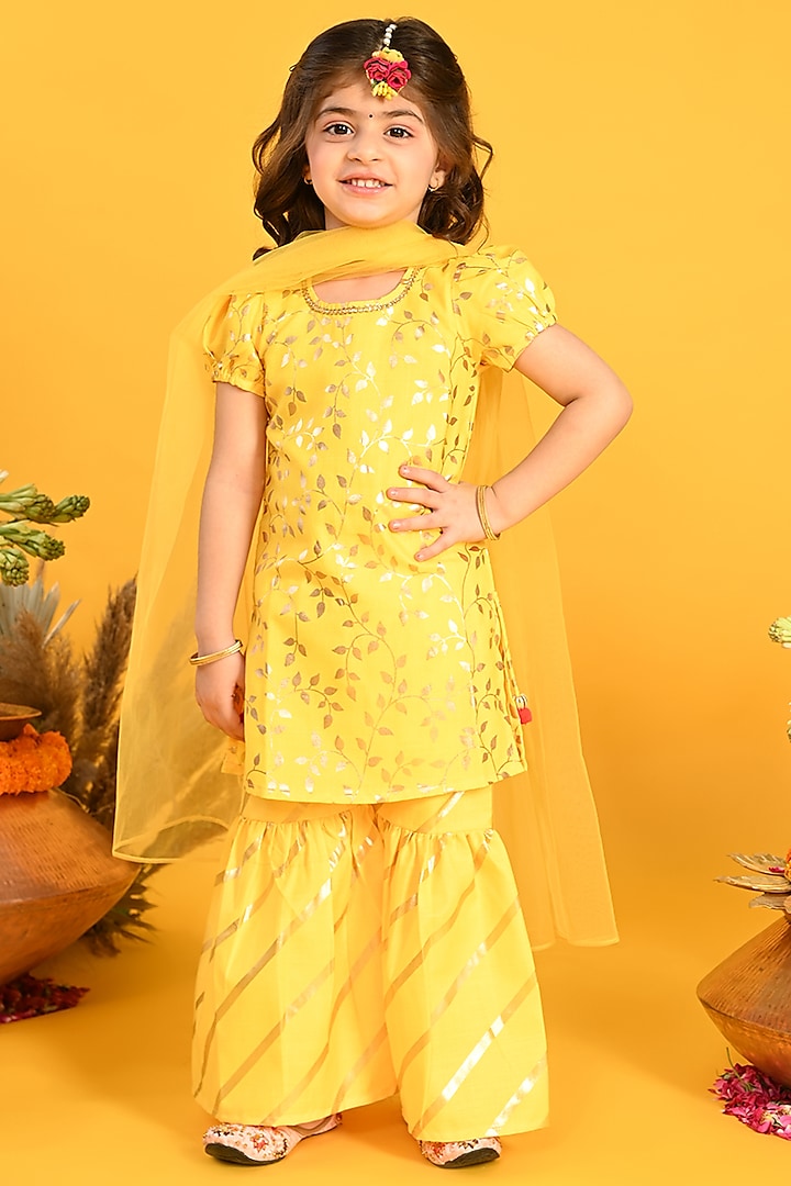 Yellow Cotton Blend Printed Sharara Set For Girls by Saka Designs
