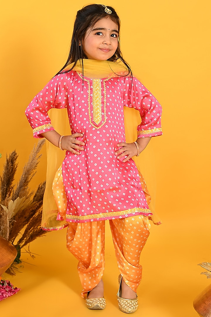 Pink Satin Bandhani Printed & Embroidered Kurta Set For Girls by Saka Designs