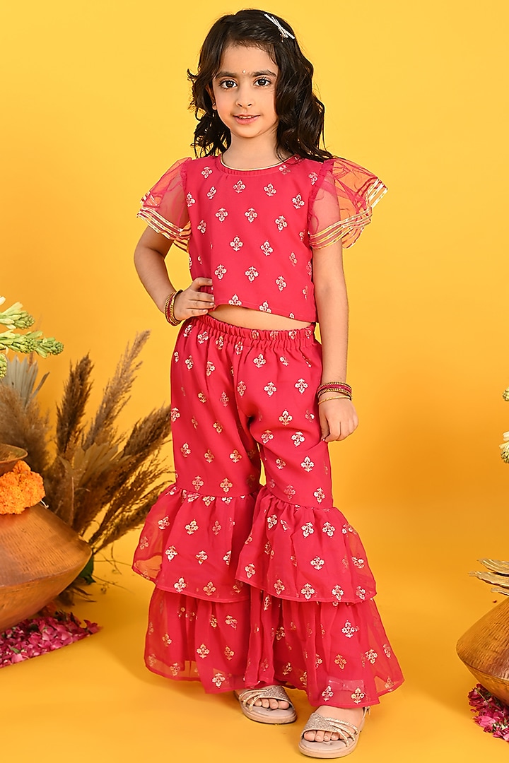 Red Poly Georgette Printed Sharara Set For Girls by Saka Designs