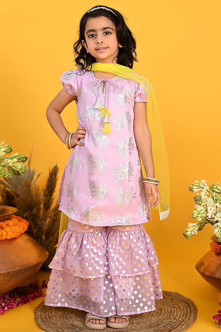 Purple Poly Georgette Printed & Embroidered Sharara Set For Girls by Saka Designs