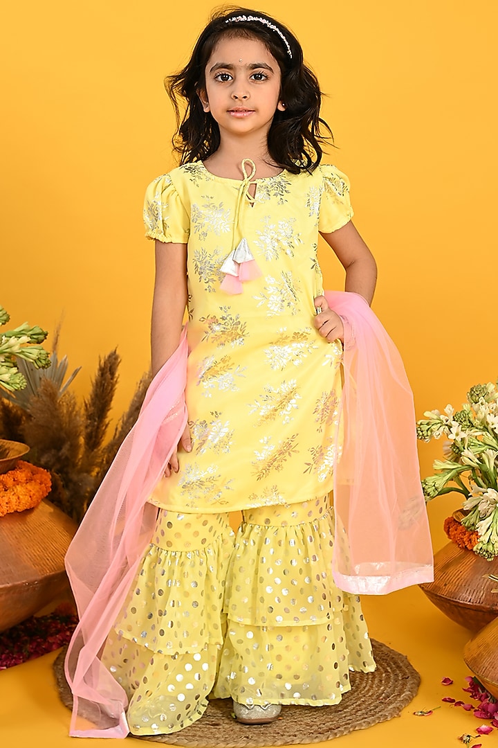 Yellow Poly Georgette Printed & Embroidered Sharara Set For Girls by Saka Designs