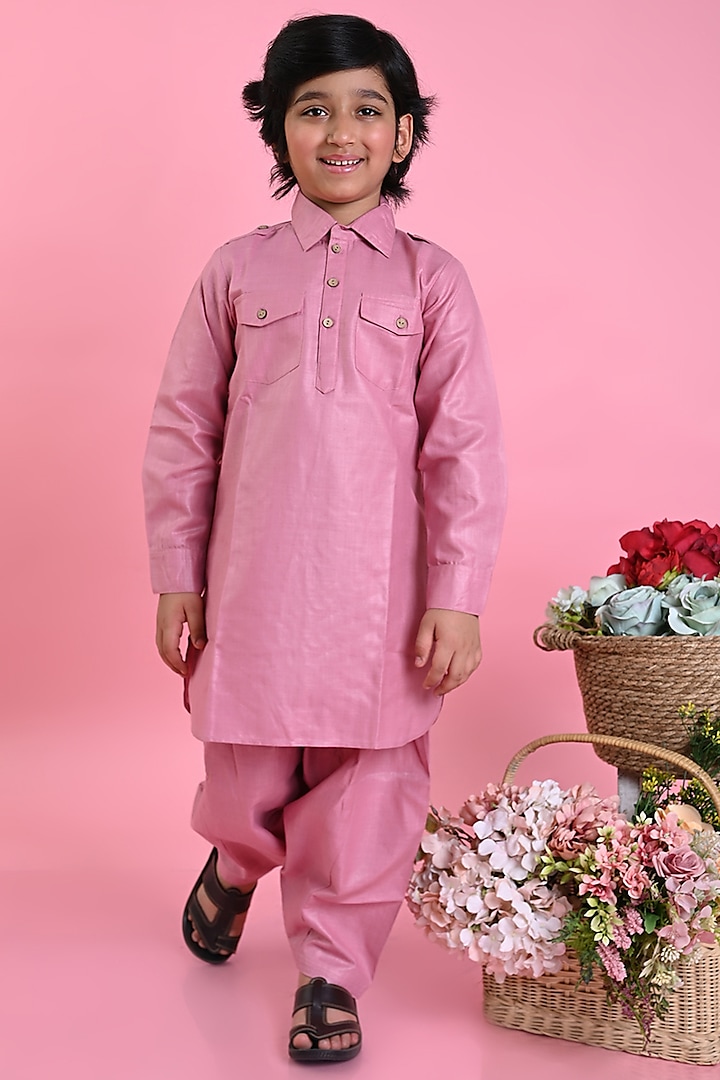 Dark Peach Cotton Blend Pathani Kurta Set For Boys by Saka Designs