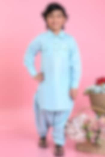 Sky Blue Cotton Blend Pathani Kurta Set For Boys by Saka Designs