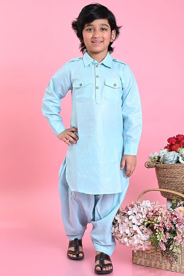 Sky Blue Cotton Blend Pathani Kurta Set For Boys by Saka Designs
