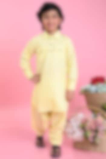 Yellow Cotton Blend Pathani Kurta Set For Boys by Saka Designs