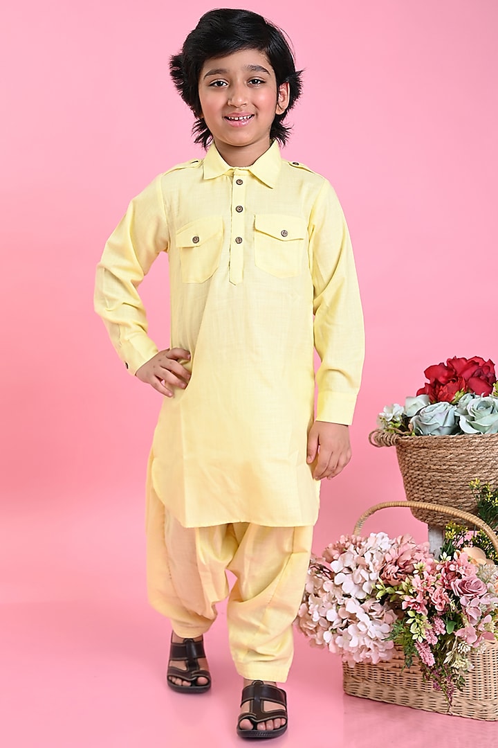 Yellow Cotton Blend Pathani Kurta Set For Boys by Saka Designs