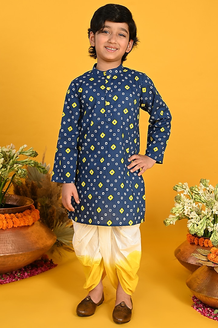 Blue Cotton Bandhani Printed Kurta Set For Boys by Saka Designs at Pernia's Pop Up Shop