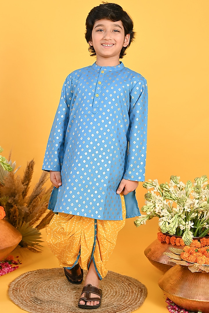 Blue Cotton Bandhani Printed Kurta Set For Boys by Saka Designs