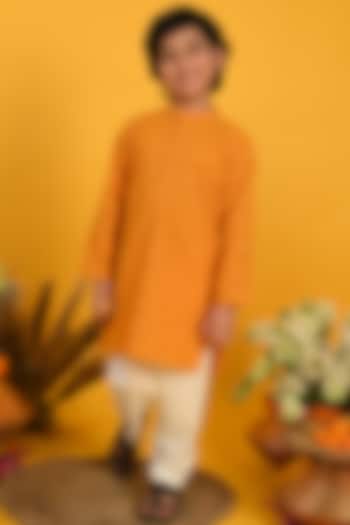 Mustard Poly Georgette & Cotton Embroidered Kurta Set For Boys by Saka Designs