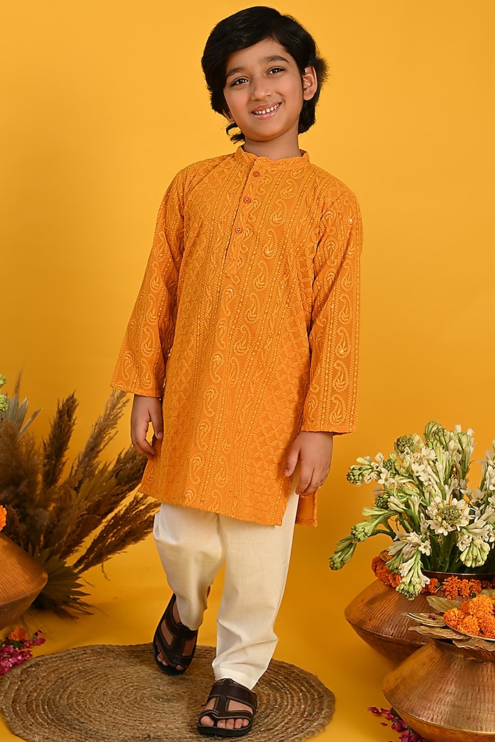 Mustard Poly Georgette & Cotton Embroidered Kurta Set For Boys by Saka Designs