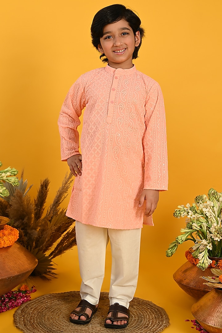 Peach Poly Georgette & Cotton Embroidered Kurta Set For Boys by Saka Designs