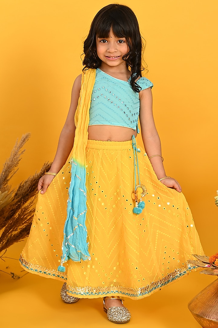 Yellow Poly Georgette Embroidered Lehenga Set For Girls by Saka Designs