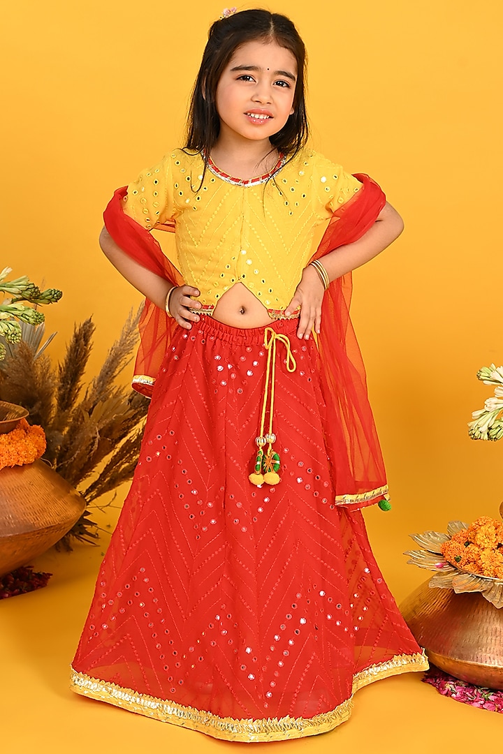 Red Poly Georgette Embroidered Lehenga Set For Girls by Saka Designs