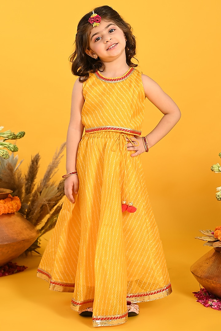 Yellow Cotton Bandhani Printed Lehenga Set For Girls by Saka Designs