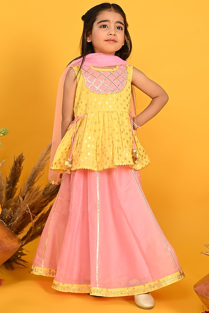 Pink Poly Chanderi Printed Lehenga Set For Girls by Saka Designs