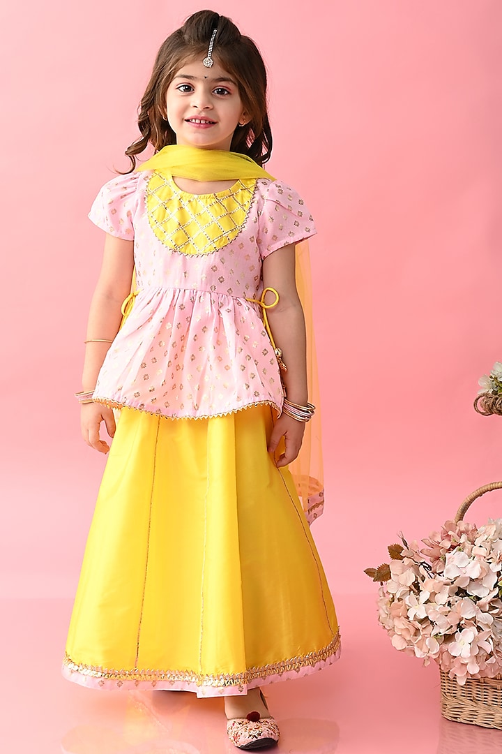 Yellow Poly Chanderi Printed Lehenga Set For Girls by Saka Designs