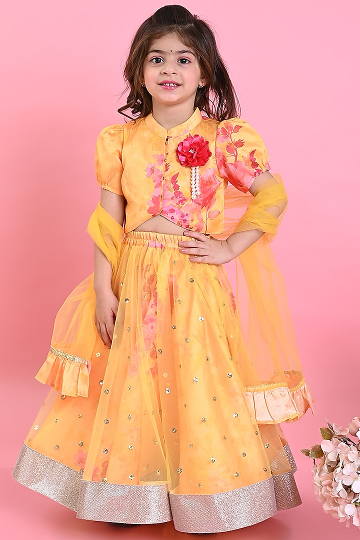 Yellow Net Floral Printed Lehenga Set For Girls by Saka Designs