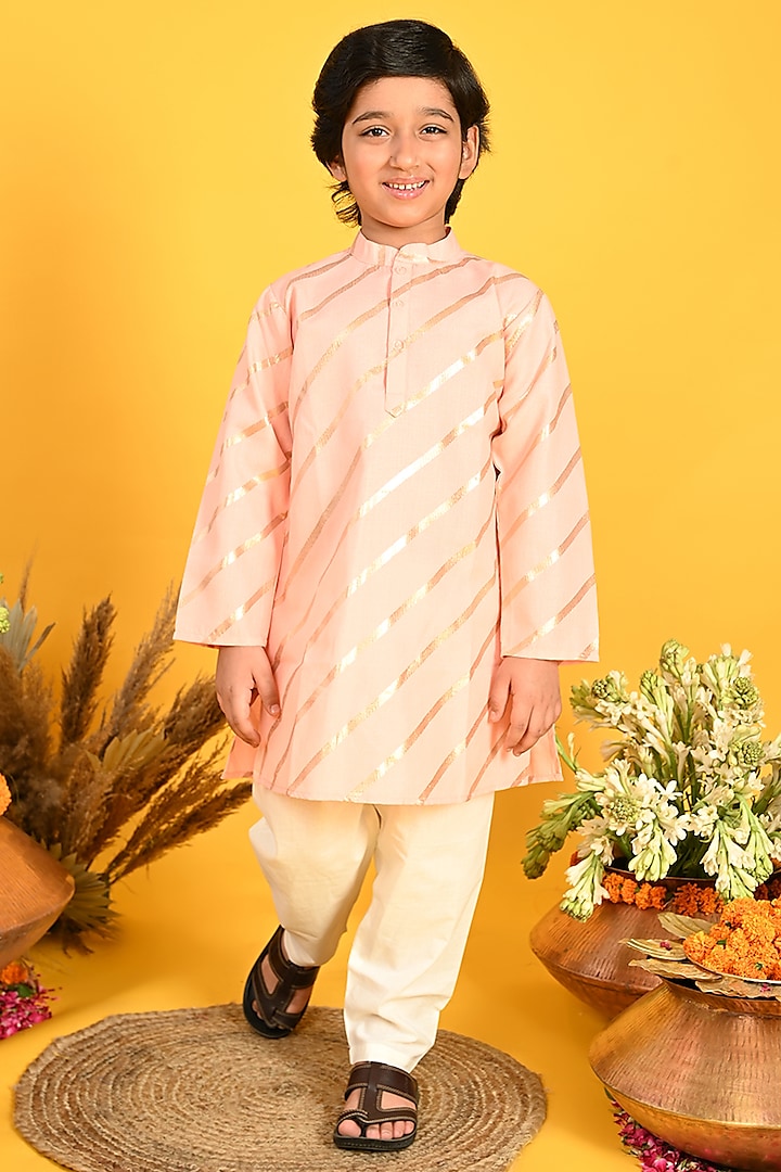 Peach Cotton Blend Printed Kurta Set For Boys by Saka Designs