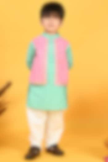Pink Cotton Printed Nehru Jacket With Kurta Set For Boys by Saka Designs