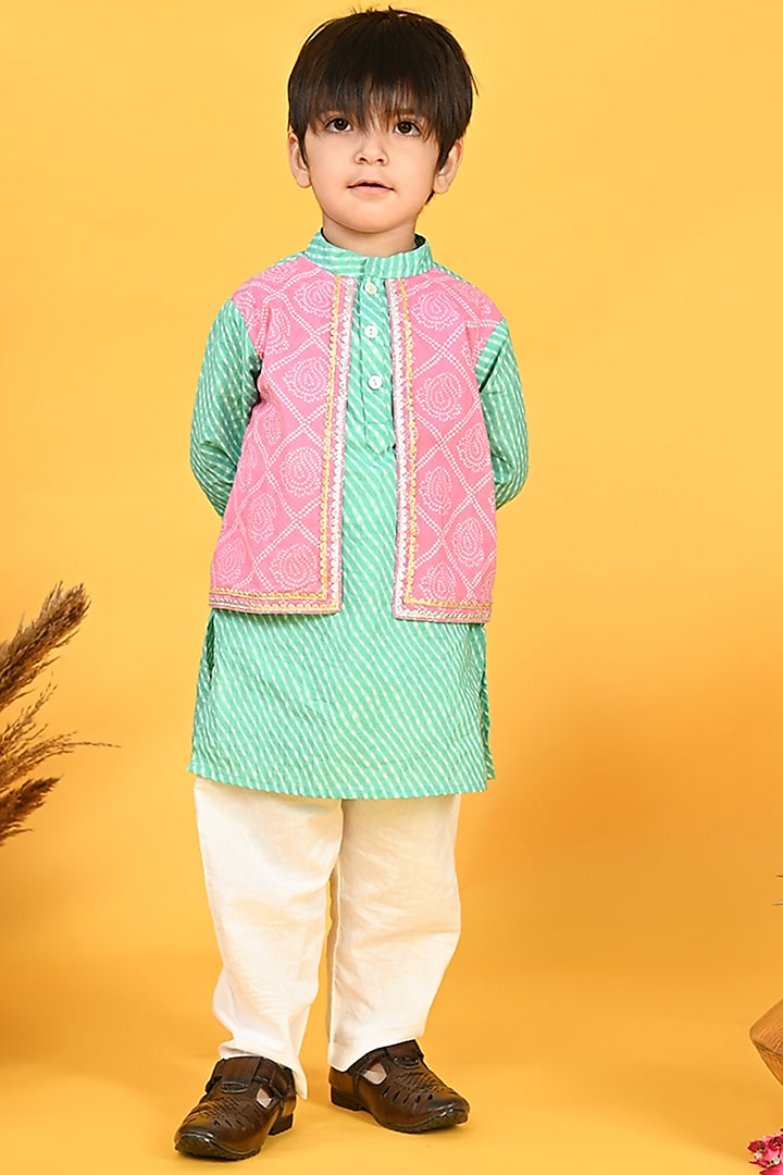 Pink Cotton Printed Nehru Jacket With Kurta Set For Boys by Saka Designs