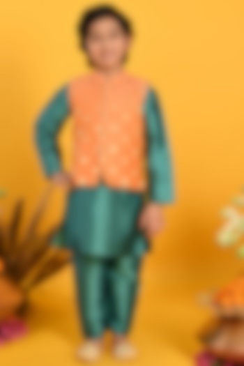 Orange Cotton Blend Printed Nehru Jacket With Kurta Set For Boys by Saka Designs