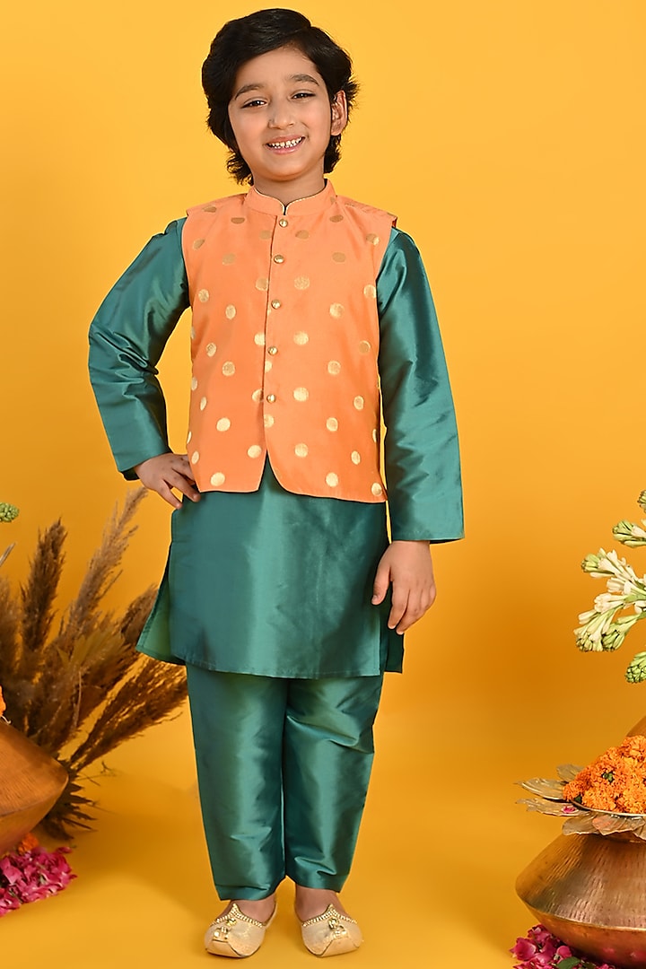 Orange Cotton Blend Printed Nehru Jacket With Kurta Set For Boys by Saka Designs