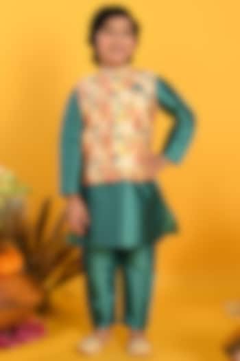 Beige Taffeta Floral Printed Nehru Jacket With Kurta Set For Boys by Saka Designs