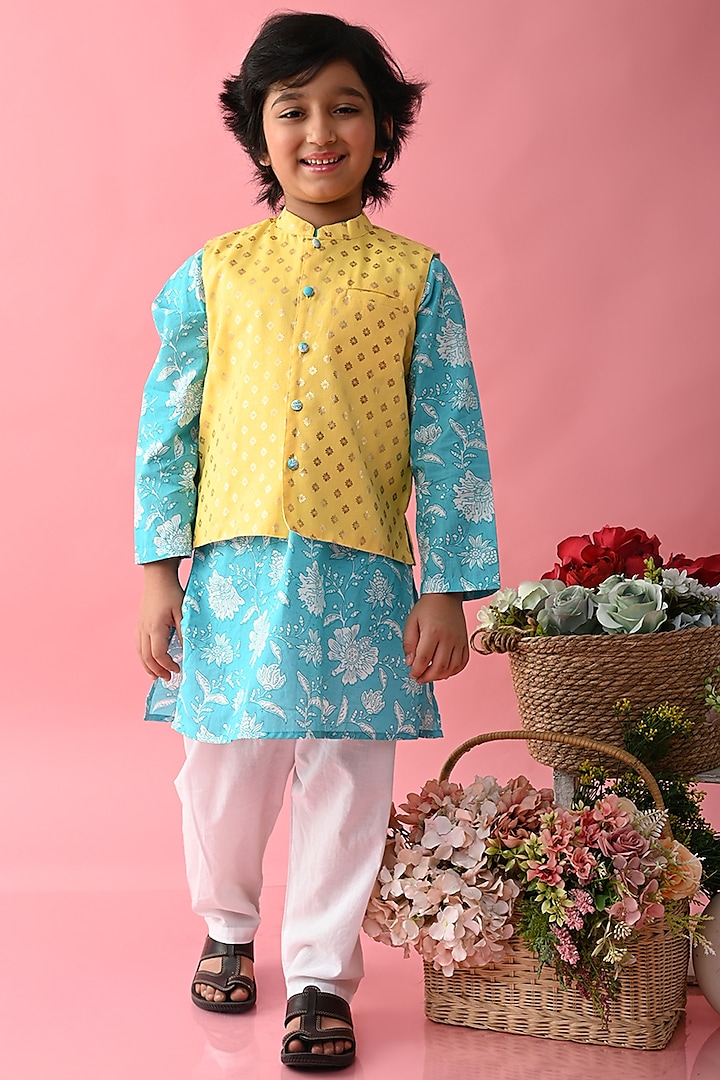 Yellow Cotton Printed Nehru Jacket With Kurta Set For Boys by Saka Designs