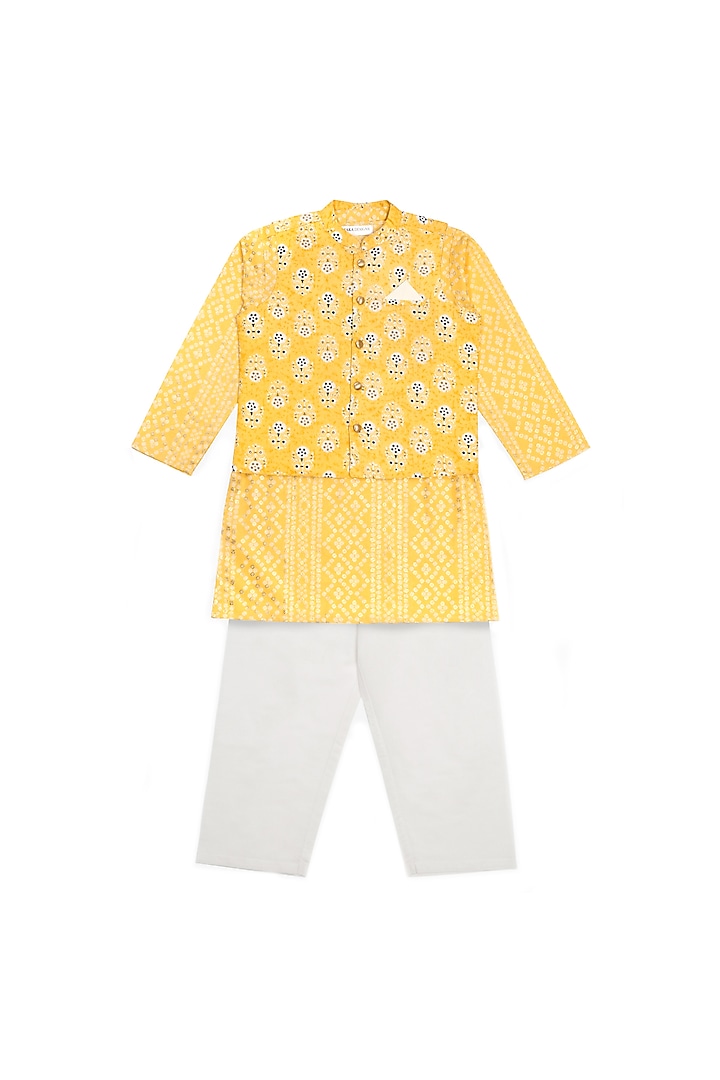 Yellow Printed Bundi Jacket With Kurta Set For Boys by Saka Designs