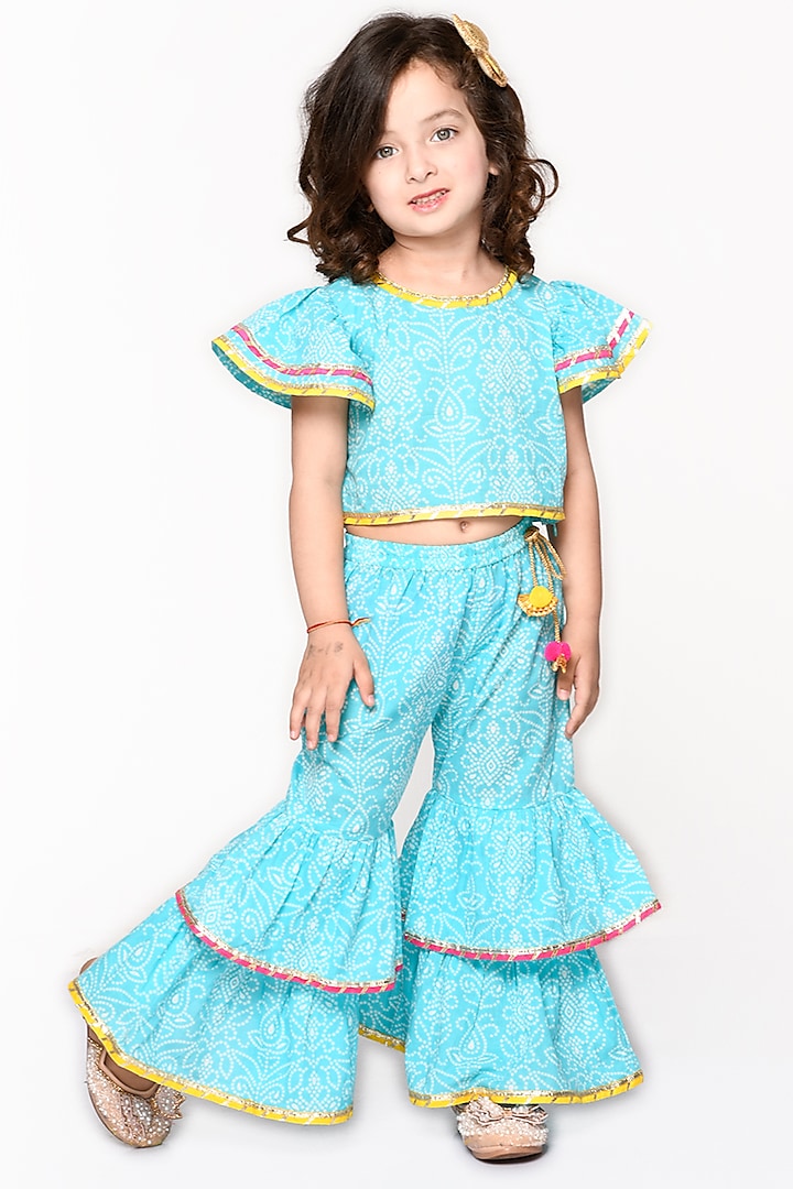 Blue Printed Sharara Set For Girls by Saka Designs at Pernia's Pop Up Shop