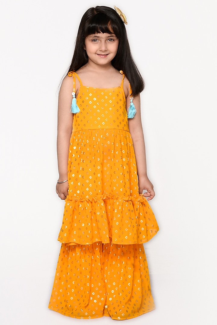 Orange Foil Printed Sharara Set For Girls by Saka Designs at Pernia's Pop Up Shop