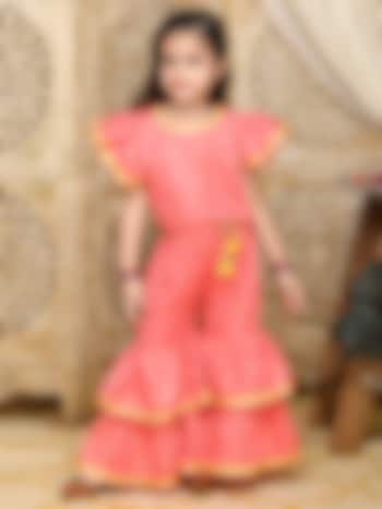 Dark Peach & Gold Cotton Sharara Set For Girls by Saka Designs