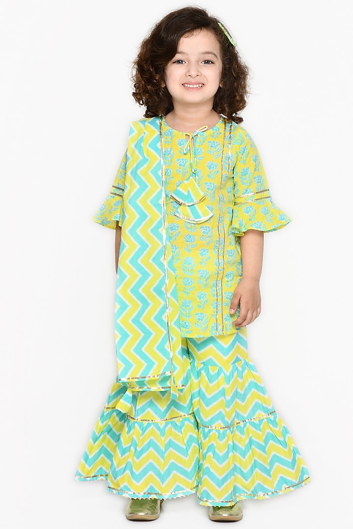 Pastel Blue & Green Printed Sharara Set For Girls by Saka Designs