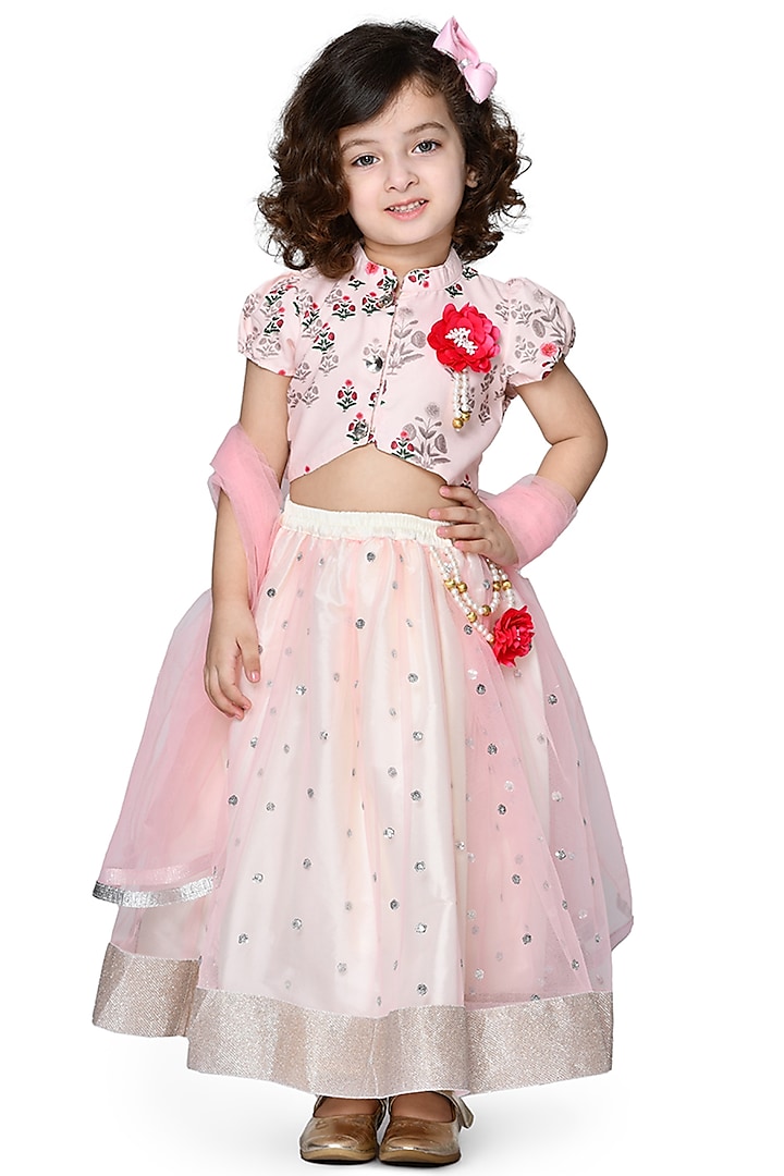 Ivory & Pink Embellished Lehenga Set For Girls by Saka Designs