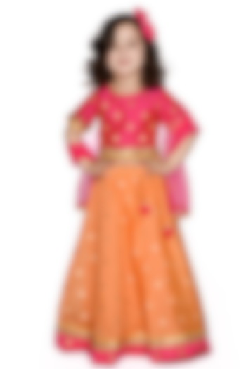Orange & Magenta Silk Lehenga Set For Girls by Saka Designs